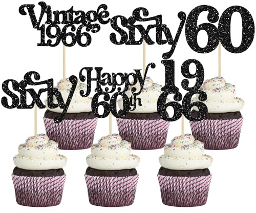 Gyufise 30Pcs 60th Birthday Cupcake Toppers Vintage 1966 Cheers to 60 Fabulous Sixty Cupcake Picks Decorations for 60th Birthday Wedding Anniversary Party Cake Decorations Supplies Black