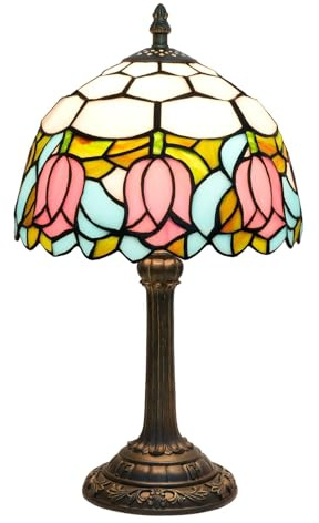 wecrejoni Tiffany Lampe Buntglas Lampe 20cmX20cmX36cm kleine Nachttischlampen für Wohnzimmer Schlafzimmer Schlafsaal Küche Heimdekor Festival Geburtstagsgeschenk,rosa Tulpen