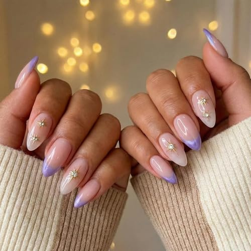 Almond Shaped Press On Nails with Lavender Nude Ombre & Crystal Star Design - Medium Length Glossy Reusable False Nails Kit for DIY Manicure with Art Application Tools and