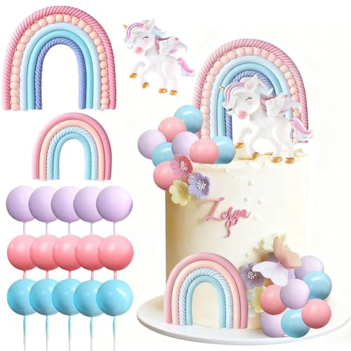 Unicorn Cake Decoration Rainbow Birthday Cake Topper 18PCS Unicorn Party Supplies Cake Topper Colorful Balls Happy Birthday Cake Decoration for Boys Girls Kids Party Baby Shower Supplies