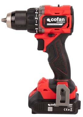 Cofan Taladro atornillador a batería | Tamaño compacto | Motor sin escobillas | Potencia: 20 V | Portabrocas 13 mm | 60 Nm, 1900 rpm | 2 velocidades | Batería y cargador incluidos