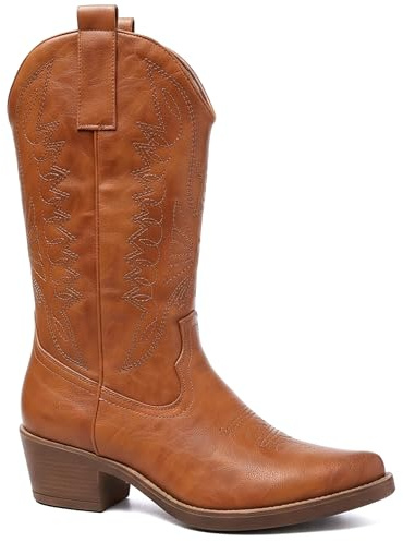 URBAN ROSA Stivali Donna Texani Cowboy con Punta a Punta e Ricami Decorativi Stile Western Chic (CAMEL, 38 EU, Adulto, 38, Numero, Sistema Taglie Calzature EU, Media)