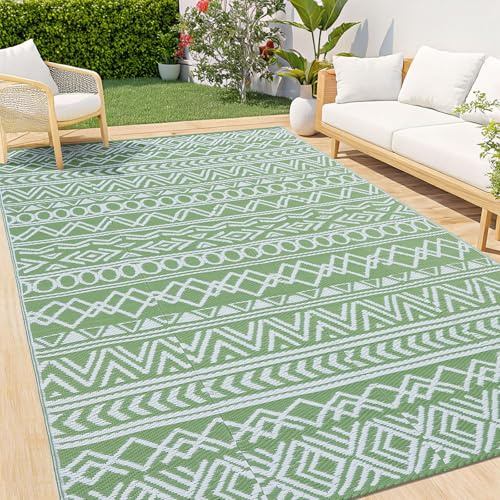 smiry Outdoor Rug for Patios Waterproof, Anti-slip Reversible Garden Rugs Plastic Straw Carpet UV Resistant Area Rugs for Camping, Deck, Beach, Picnic, Backyard(120 x 160 cm, Green & White)