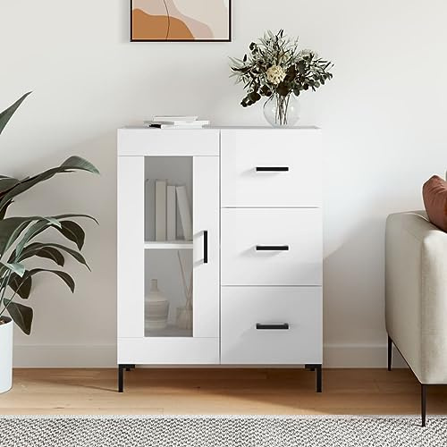 Buffet Blanc Brillant Moderne en Bois d'Ingénierie 69,5x34x90 cm, Meuble de Rangement Élégant pour Salon et Salle à Manger, Armoire de Séjour avec 3 Portes 2 Tiroirs, Design Fonctionnel et Luxueux