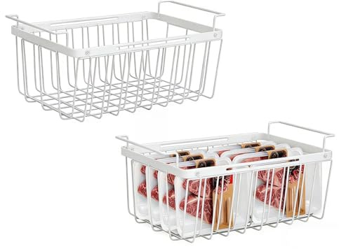 2 Piezas Cesta para Congelador Extensible, Organizadores para Arcones Congeladores con Asa, Longitud Ajustable de 39 a 59,5 cm, Cesta para Arcon Congelador, Fácil Acceso Alimentos Congelados (Blanco)