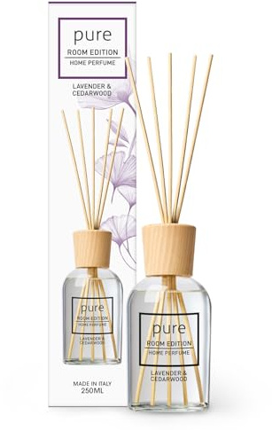 PURE ROOM EDITION 250ml Raumduft Lavendel & Zedernholz | natürliche Inhaltsstoffe, vegan & tierversuchsfrei, Bio-Alkohol, Diffuser mit Stäbchen hergestellt in Italien