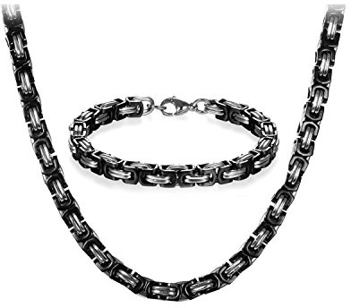 JewelryWe Schmuck Edelstahl Ketten Set von Halsketten und Armketten für Herren schwarz Silber Armbändern 8mm breit und 21,5 cm für Armband, 22/24/26 Zoll für Halskette