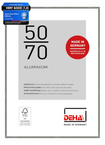 DEHA Design Aluminium Bilderrahmen Tribeca, 50 x 70 cm, Grau | Aluminium Posterrahmen im Hoch- & Querformat zum Aufhängen Grau gebürstet bruchsicheres Kunstglas