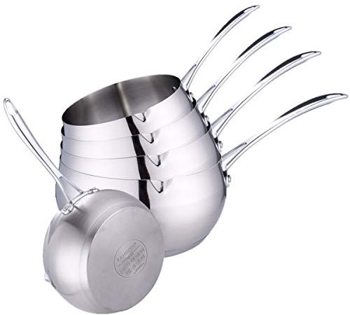 Kamberg - Batterie 5 Casseroles inox 12 / 14 / 16 / 18 / 20 cm - Acier Inoxydable Haute Qualité - Poignée anti chaleur Argent Design - Forme POMME - Bec verseur - Tous Feux dont Induction - 0008115