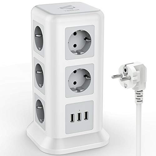 Ciabatta Multipresa USB, TESSAN Ciabatta 11 Prese, Ciabatta Elettrica con 3 USB, Multipresa Elettrica con Interruttore, Torretta Multipresa per Ufficio, Multipresa Verticale Bianca, Multipresa 2300W