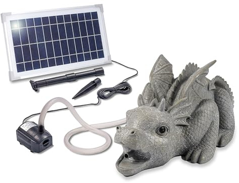 Esotec Solar Wasserspeier Drache Grisu Komplettset, Solar Springbrunnen für Außen, Solarbrunnen mit Solarpumpe 380l/h, 8Wp Solarmodul, 40x21,5x20cm 101655
