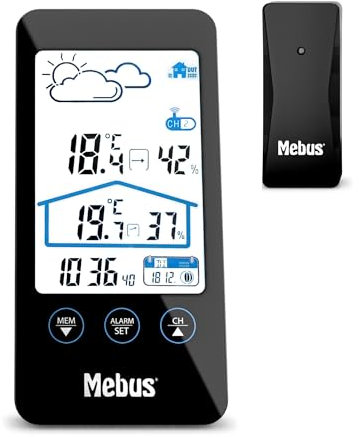 Mebus Wetterstation mit Außensensor, zeigt Temperatur und Luftfeuchtigkeit innen und außen, mit Wettervorhersage und Mondphasen, Displaybeleuchtung, Wecker/Farbe: Schwarz/Modell: 11908, 16 cm