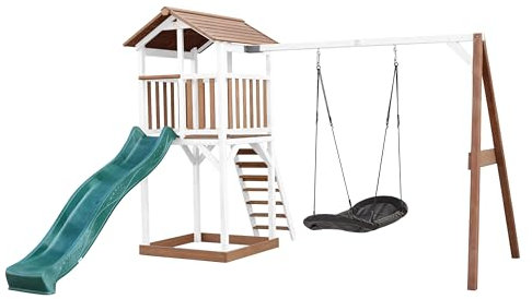 AXI Beach Tower Spielturm aus Holz in Braun & Weiß | Spielhaus für Kinder mit grüner Rutsche, Nestschaukel und Sandkasten | Stelzenhaus für den Garten