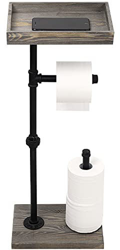 MyGift Freestanding Toilet Paper Holder Stand with Shelf - Rustic Wood Farmhouse Bathroom Toilet Paper Holder with Storage