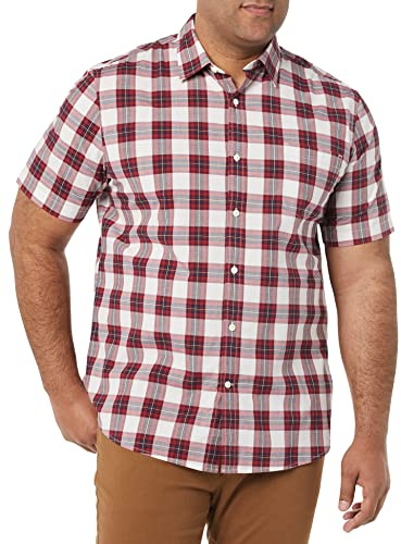 Amazon Essentials Men's Big & Tall Short-Sleeve Stretch Poplin Shirt Shirt, -Red/White/Check, 2X Tall
