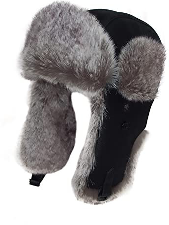 Black Jungle Aviator Fellmütze Trappermütze mit Pelzbesatz Herren-Trappermütze mit einem Pelzimitatbesatz (58 cm, Schwarz)