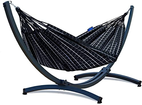 Potenza Outdoor Hängematte mit Aluminium Gestell für 2 Personen I Baumwolle Catargo - Doppelhängematte 220x160, 220kg I Hängemattengestell 200kg, wetterfest (Schwarz, Basic Gestell Graphit)