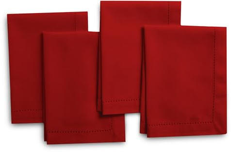 Encasa XO Stoffservietten Baumwolle, Hohlsaum 17x17 Tiefrot | 100% Baumwolle 180 GSM | Klassisches Hohlsaum Design | Saugstark & Langlebig | Maschinenwaschbar | 4er Set