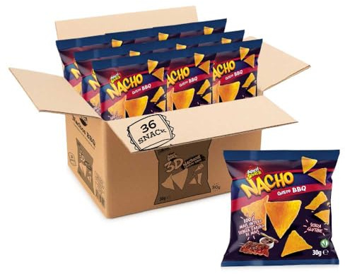 Aperisnack® - AP03.006.09 Box 36 pz- Nachos BBQ Salsa Barbeque Box 36pz Monoporzioni da 30g Patatine e Snack Salati per aperitivo, senza glutine e vegano