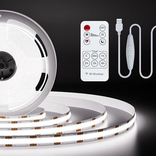 PAUTIX USB 5V LED Streifen Weiß 2M mit Fernbedienung, 640LEDs 6000K Dimmbar COB LED Strip Lights CRI85+ TV Hintergrundbeleuchtung,Flexibel Unterbodenleuchte für Küche,Zuhause DIY Beleuchtung
