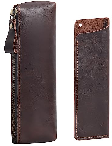 Wonderpool Leder 1pc Federmäppchen und 1pc Füllfederhalter Halter - Tragbarer Kompakter Zeichenstift Schreibwarenbeutel für Schule Büro Reise Organisator