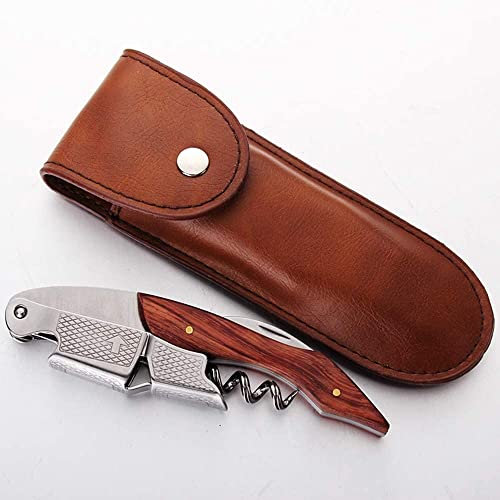 Sacacorchos profesional de acero inoxidable con funda de piel. Calidad Hotelera y Restauración. Con Abrebotellas y corte cápsula - Limonadier profesional, cuchillos de sommelier. (Madera)