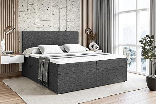 ALTDECOR Boxspringbett mit Multipocket-Matratze H4 (20 cm hoch) mit + PUR + Kokosmatte, Topper (4 cm hoch), Polsterbett mit Kopfteil und Bettkasten - LUKI - 180x200 - Dunkelgrau Inari 96