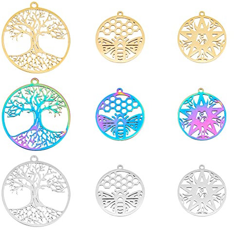 SUPERFINDINGS 18 Pz 3 Stile 3 Colori Ciondolo Albero della Vita 304 Ciondolo in Acciaio Inossidabile Collana Vuota Ciondolo Bracciale Tondo Piatto Ciondolo con Ape e Stella
