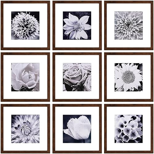 Yaetm 12x12 Picture Frame Set of 9, Brown Wood Grain Square 12x12 Frame, Displays 8x8 with Mat or 12 x 12 without Mat, Gallery Wall Frames for Wall Mounting (9 pack, Brown)