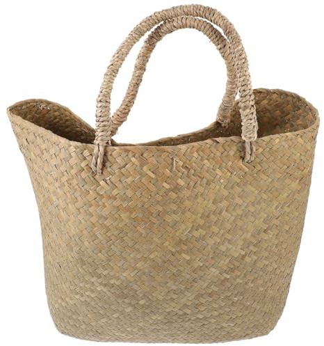 Hand-held Flower Basket Seaweed Woven Plant Storage Basket Khaki | Wicker Shopping Basket, Natural Woven Finish, Bedroom and Living Room Home Desktop Decoration
