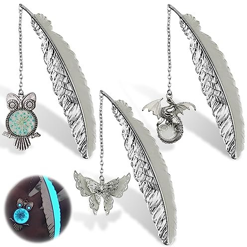 GZhaimai 3 Stk Lesezeichen Metall, Metallisches Feder Lesezeichen mit Leuchtendes für Werkzeuge Zum Lesen, Souvenirs, Geschenke, DIY Handwerk