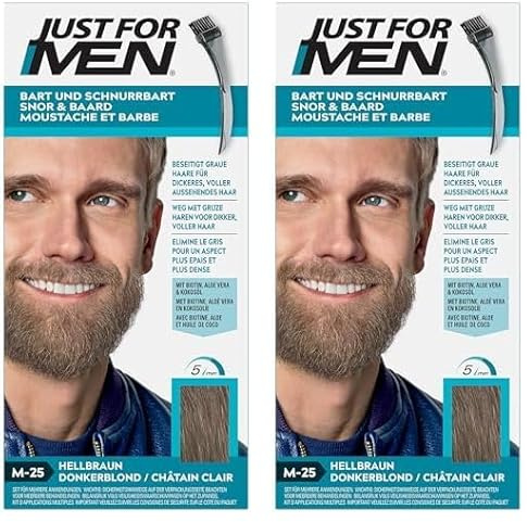 Just for men M25 - Colorante para bigote y barba, color castaño claro, elimina las canas para un aspecto más tupido y abundante (Paquete de 2)