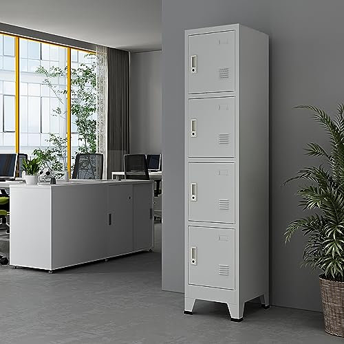 [en.casa] Casier Métallique avec 4 Portes Vérouillables Armoire de Rangement avec Clés et Porte-Étiquette Barre de Penderie Étagère Fentes d'Aération pour Bureau École Acier 180 x 38 x 45 cm Gris
