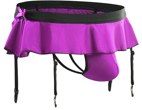 QiaTi Sissy Pouch trosor för män crossdresser herrunderkläder kjol G-string stringtrosor med strumpband, 3#lila, one size