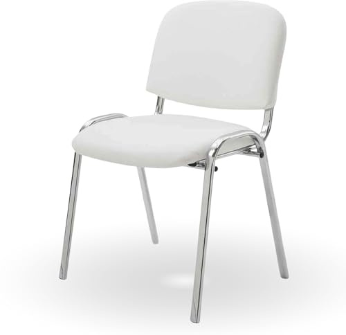 Topsit Wartezimmerstuhl, stapelbarer Besucherstuhl mit Polsterung und Kunstlederbezug, Metallgestell Bürostuhl in Chromoptik, Konferenzstuhl für Home Office, Rezeption Pausen Raum (Weiß)