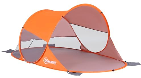 Outsunny Strandzelt, faltbar, Pop-Up, automatisch, sofort, UV-Schutz, Fenster, hinten, große Bodenmatte, Orange