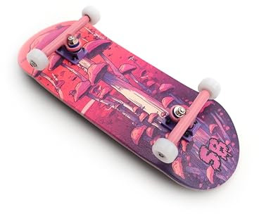 SPITBOARDS 34 x 96 mm Wood Fingerboard Complete Set-Up, Pre Assembled, 5-Layers Wood, Pro Trucks with Lock Nuts, CNC Bearing Wheels, Real Wear Graphics, Lasered Foam Grip Tape, Pink Mushrooms