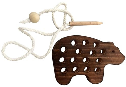 NoriKids Fädelspiel aus Holz – Motorikspielzeug zum Fädeln – schult Feinmotorik & Konzentration – Lernspiel für Kinder – Motiv Bär (Dunkelbraun) – Montessori Spielzeug 2 Jahre