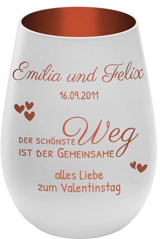 Windlicht mit Gravur ''Der schönste Weg'' - Weiß/Kupfer - Teelichthalter personalisierbar mit Wunschtext - Geschenk zu Valentinstag Hochzeit Verlobung Jahrestag