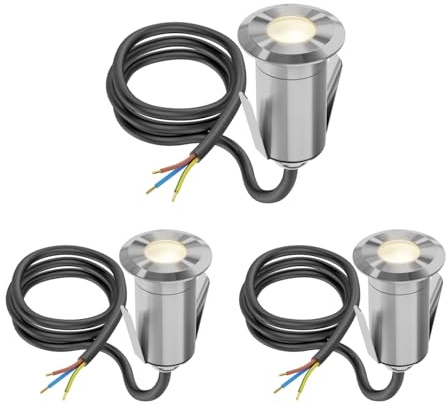 ledscom.de 3 Stück LED Bodeneinbauleuchte GLOX für außen, IP67, aluminium, rund, 35mm Ø, warmweiß, matt