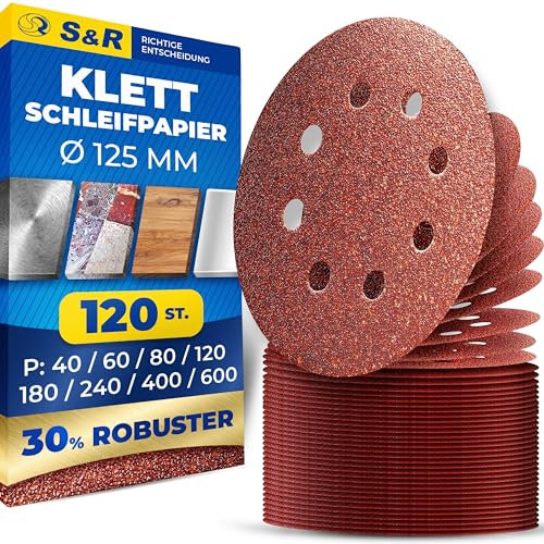 S&R 120 Disques de Ponçage 125mm Papier abrasif x Ponceuse Orbitale 125 mm Pour Peinture Bois Métal. Grain 40, 60, 80, 120, 180, 240, 400, 600