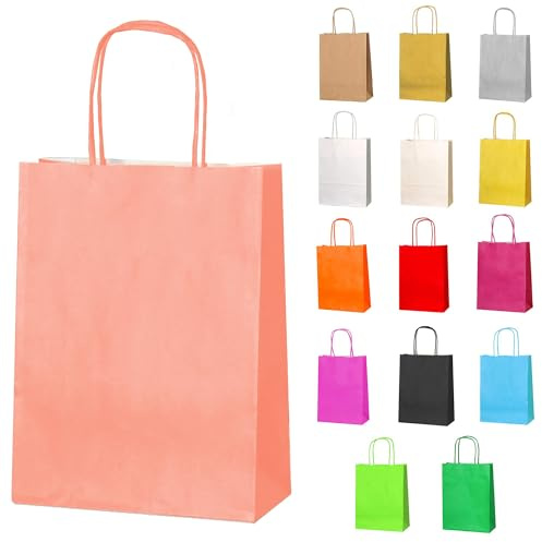 Thepaperbagstore 15 Korall-papperspartypåsar med handtag – Färgade papperspresentpåsar för barn- och vuxenfester, födelsedagar, bröllop, babyshower, möhippor och godis