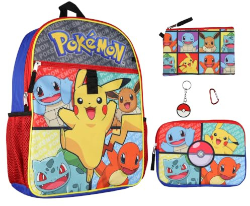 Pokemon - Juego de mochila de 5 piezas con colgante de llavero para niños, escuela, viaje