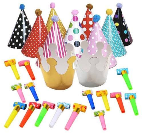 26 Pcs Party Hats Set - Birthday Cone Hats With Colorful Blowers, Pom Poms for Kids Crown Hat, Blowouts for Children's Halloween New Years Celebrations