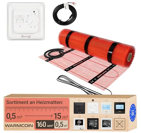 Warmcoin Elektrische Fußbodenheizung 160 W/m² 3,8 mm Dick - Verschiedene Größen von 0.5m² bis 15m² - Selbstklebende Heizmatte für Laminat, Vinyl, Fliesen, Parkett - Komplett Set mit Thermostat, 0,5m²