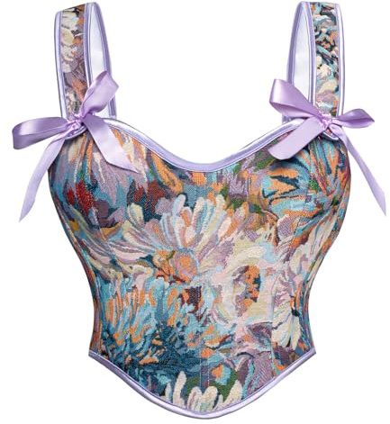 SCARLET DARKNESS Corsé renacentista cuadrado con cuello en V para mujer, corpiño estampado floral