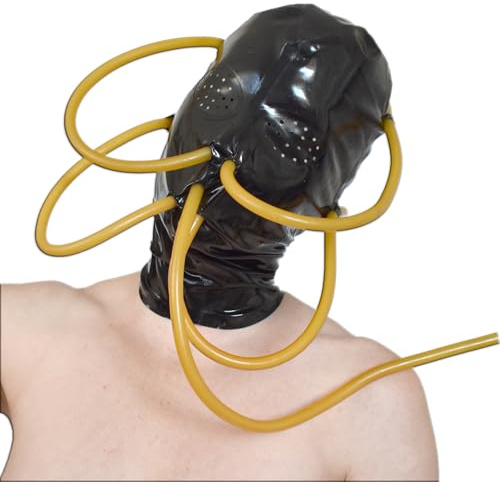 Honeylust Latex Maske mit Atemschläuchen – Bondage Hood für Fetisch & BDSM | Gummimaske mit Atemkontrolle & Nasenschläuchen – Latex Fetisch Hood für Sinnesentzug, Dom Sub Rollenspiel & Rubber Bondage