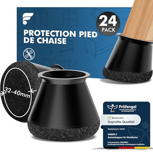 Shinfly Protector Patas sillas Silicona Redonda 24 Piezas, Tacos para Patas de sillas con Fieltro de Alta Densidad, Antirrayaduras y Antirruido, Protegen el Suelo (L 34-40 mm, Negro)