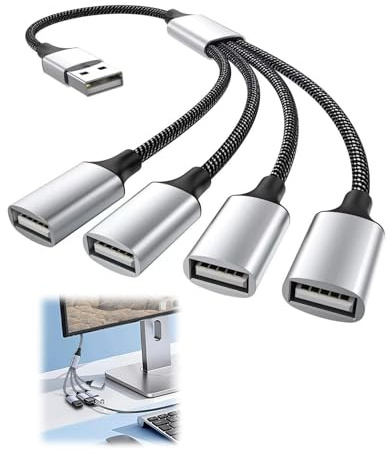 USB Splitter 1 In 4 Out 0.3M USB 2.0 Male to Four Female Adapter 5V 2A | USB Y Extension Cord Cable Durable Nylon Braided Multi Multiport 4 Port Extender Hub for Xbox, PS4, PS5, Laptop, Car
