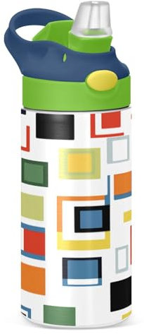 JUMBEAR Color Art Blocks Bouteille d'eau isotherme pour enfants de 350 ml, bouteille d'eau de sport isotherme avec couvercle à paille, bouteille d'eau en acier inoxydable pour garçons et filles